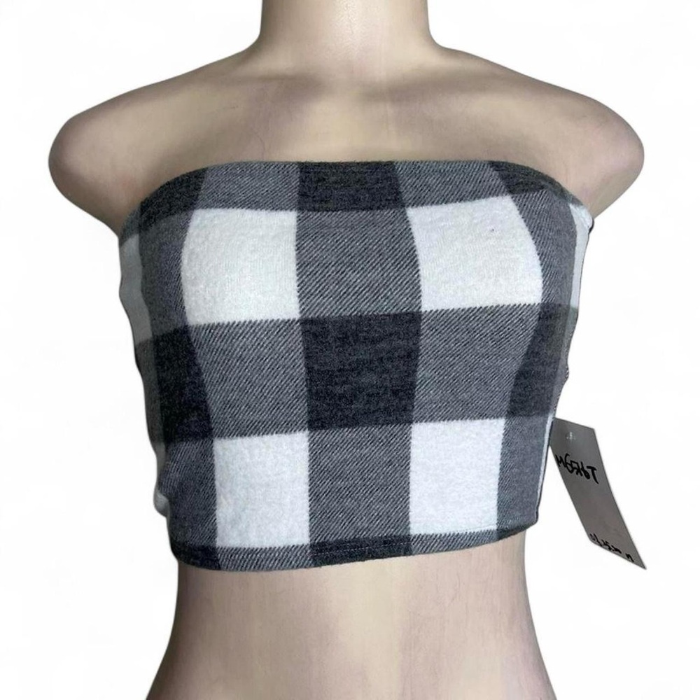 Striped Buffalo Plaid Strapless Tube Top - Gray & White